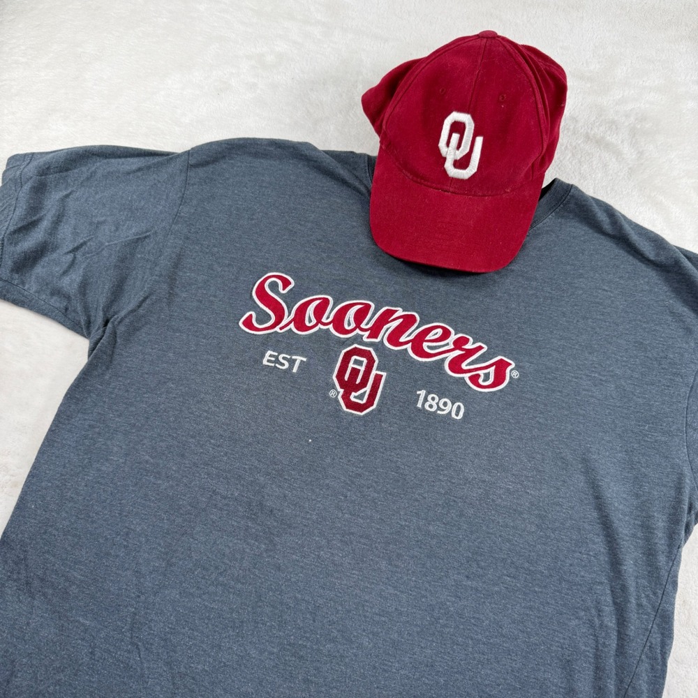 Oklahoma Sooners Mens T-Shirt Large and Hat Set OU NCAA Charcoal Gray Crimson